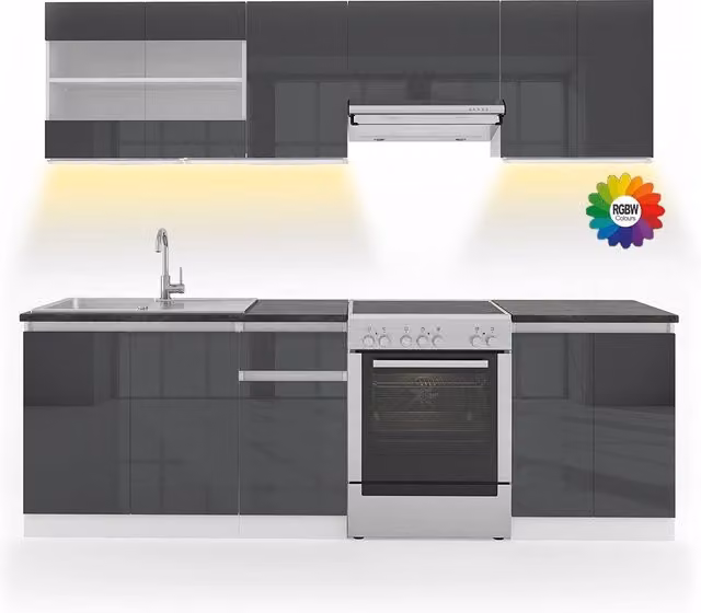 Mobile da cucina Vicco R-Line moderno in legno, colore Antracite lucido e Bianco, con illuminazione LED integrata, L: 240 cm