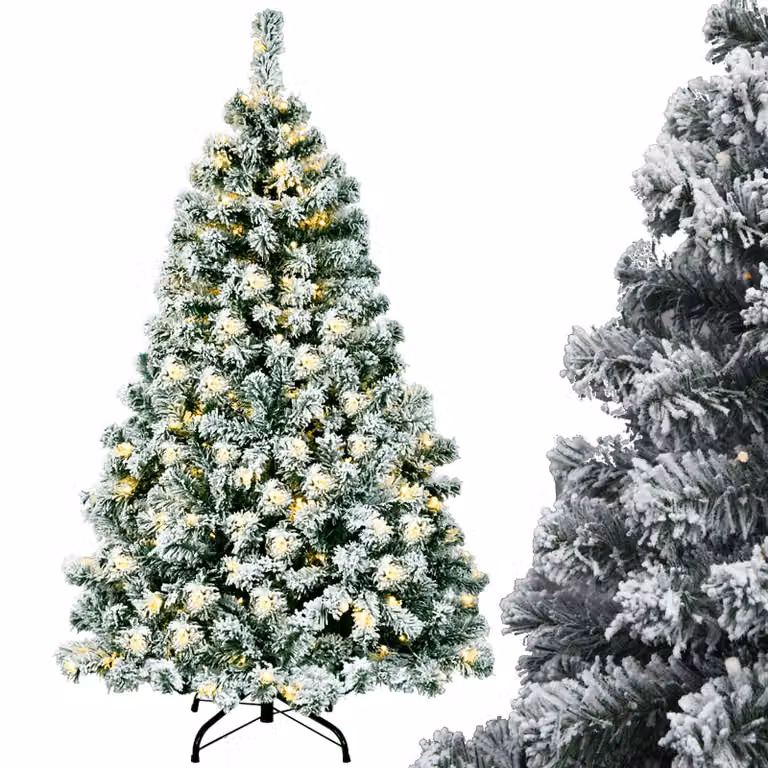 COSTWAY Albero di Natale artificiale 135 cm, albero di Natale 400 aghi in PVC con neve, 200 LED bianchi caldi e supporto in metallo, albero di Natale artificiale