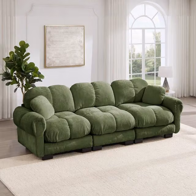 Divano 3 posti 260x86x90 cm con cuscini trapuntati in chenille verde