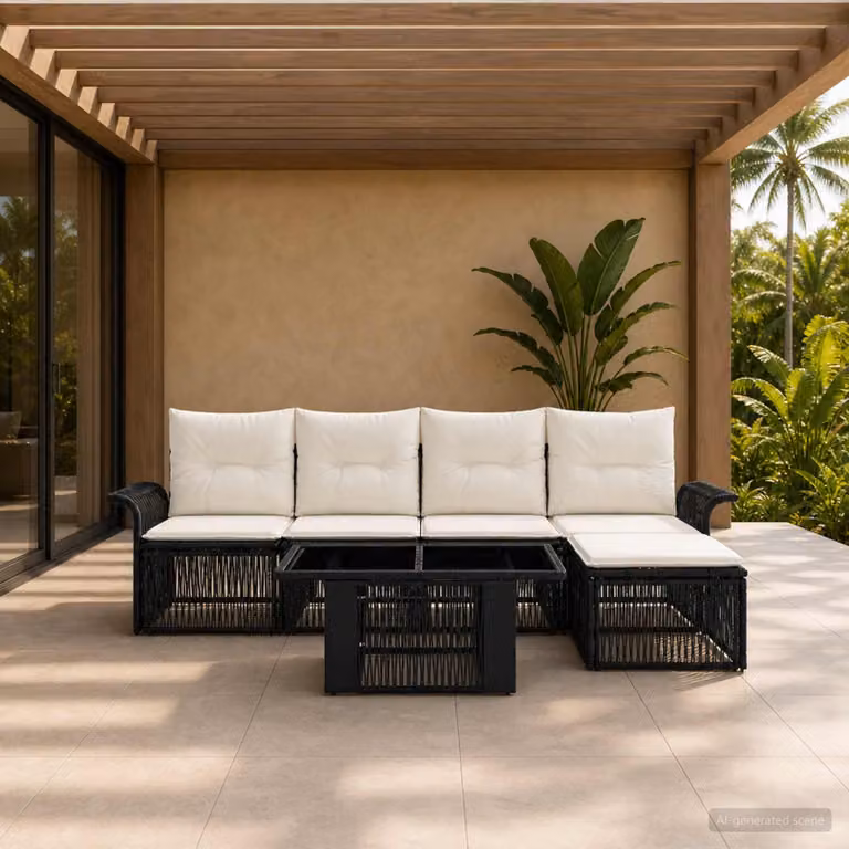 Set Divano da Giardino vidaXL 6 Pezzi in Polyrattan Nero e Bianco con Cuscini e Tavolino