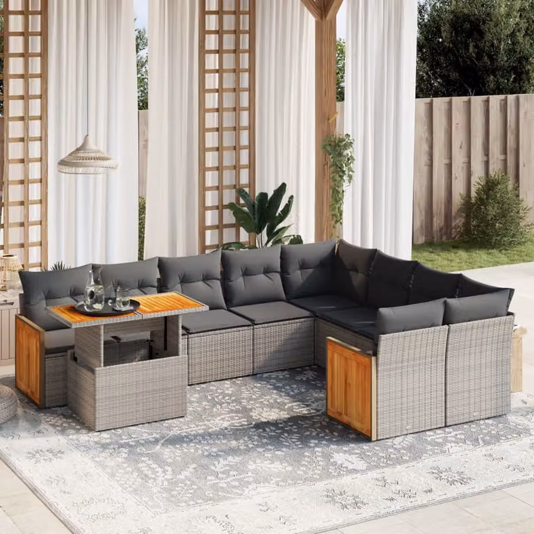 vidaXL Set Divano da Giardino 10 pz in Polyrattan Grigio con Cuscini e Tavolino