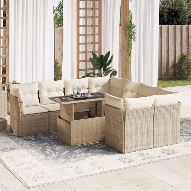 Set Divano da Giardino a L con Tavolino vidaXL, 9 Pezzi con Cuscini Beige e Struttura in Metallo e Polyrattan – 1