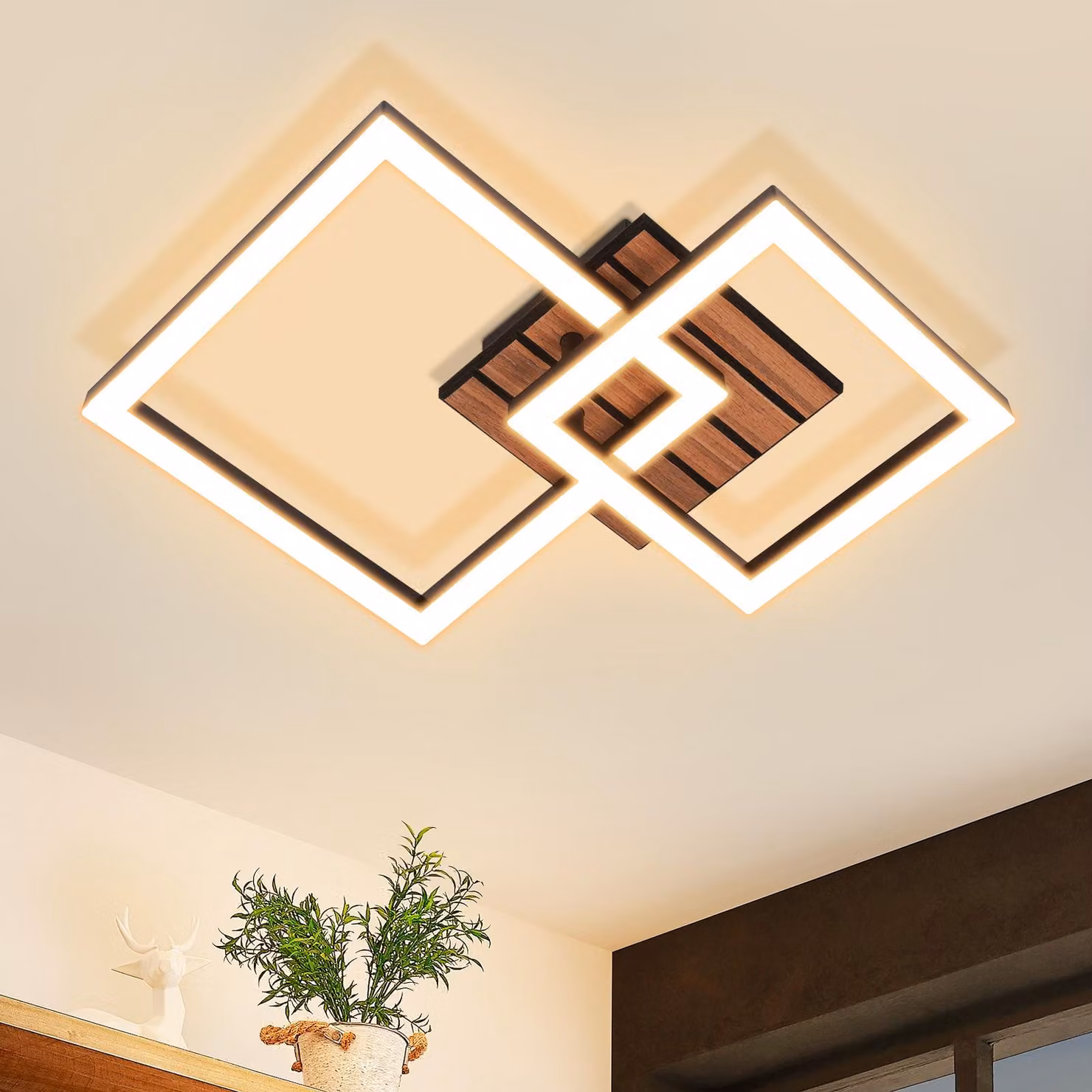 Lampada da soffitto LED ZMH, stile retrò, ideale per la cucina, 14W, colore nero. Lampada per soggiorno, 3000K, adatta anche per l'ingresso. Lampada da soffitto in legno, angolare, per l'illuminazione di corridoi, uffici e soggiorni