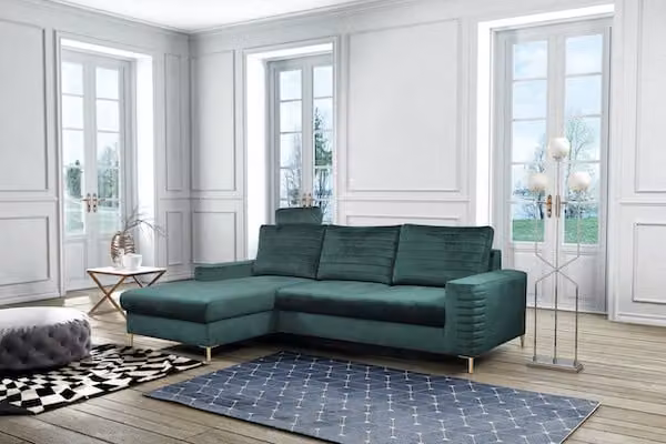Divano ad angolo "Collin" Divano ad angolo funzione letto Jungle verde / piedi oro Recamiere sinistra