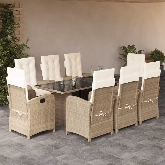 Set da pranzo da giardino vidaXL in polyrattan con cuscini beige e tavolo in vetro per 9 persone – 1