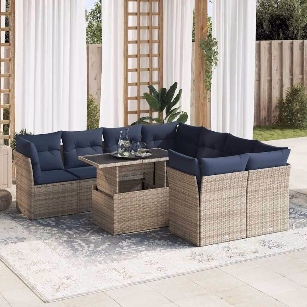 Set Divano da Giardino vidaXL 9 Pezzi a Forma di L con Tavolino e Cuscini, Polyrattan Grigio e Blu