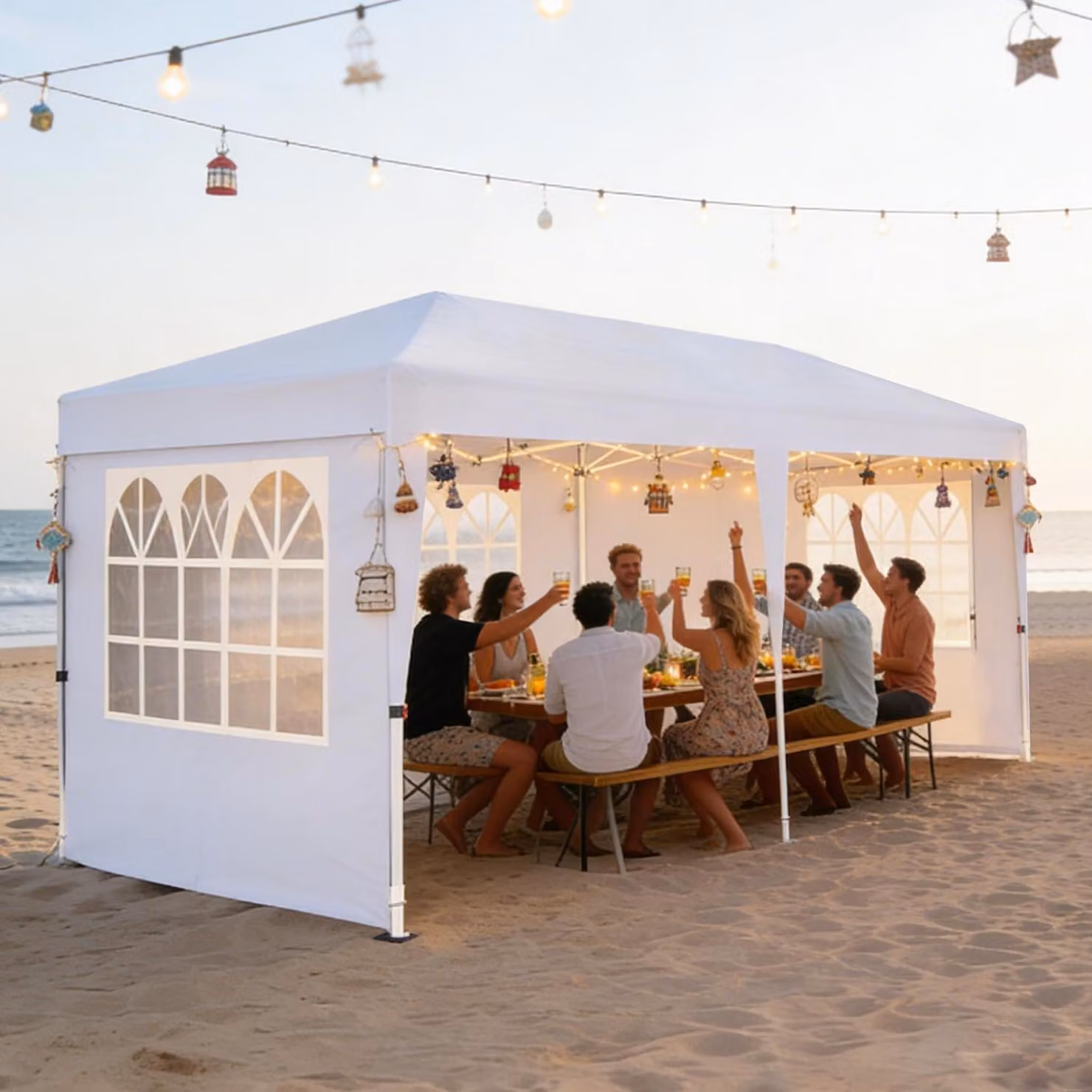 Gazebo da esterno 3x6 metri, impermeabile, con protezione solare, 6 pannelli laterali, tessuto Oxford, colore bianco