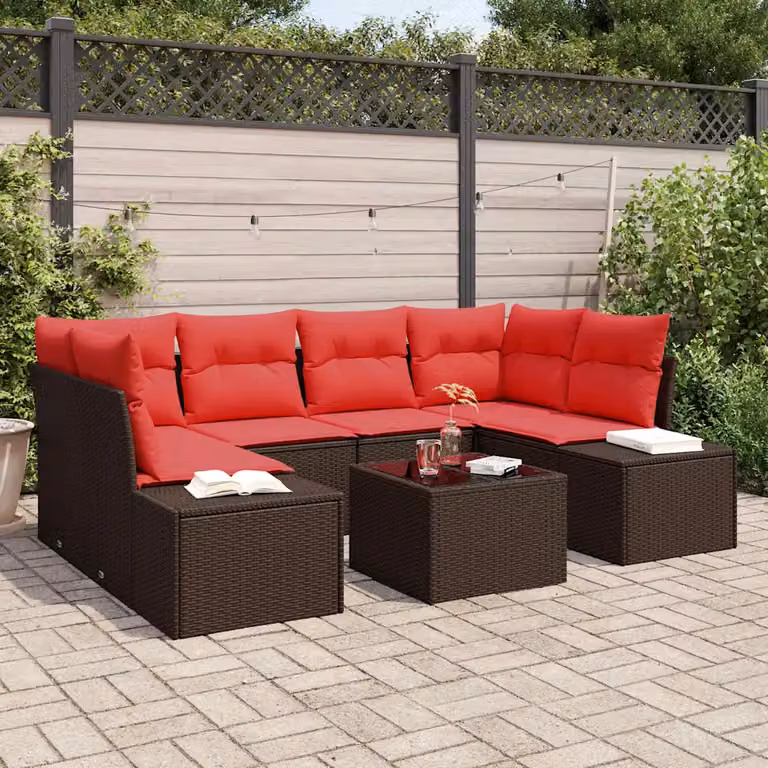 Set Divano da Giardino vidaXL 7 Pezzi a Forma di L con Tavolino in Vetro, Colore Marrone e Rosso, Struttura in Metallo e Polyrattan con Cuscini Inclusi