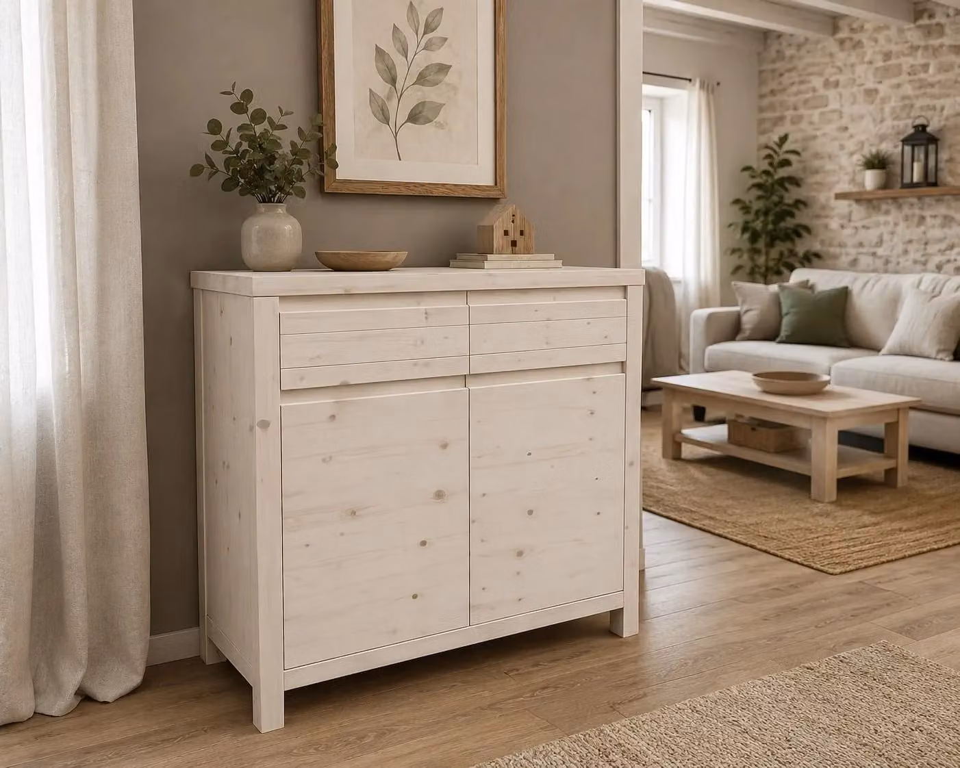 Credenza Mobili 2G con 2 porte e 2 cassetti in legno massello di abete grezzo L: 104 cm, P: 50 cm, H: 95 cm – 2