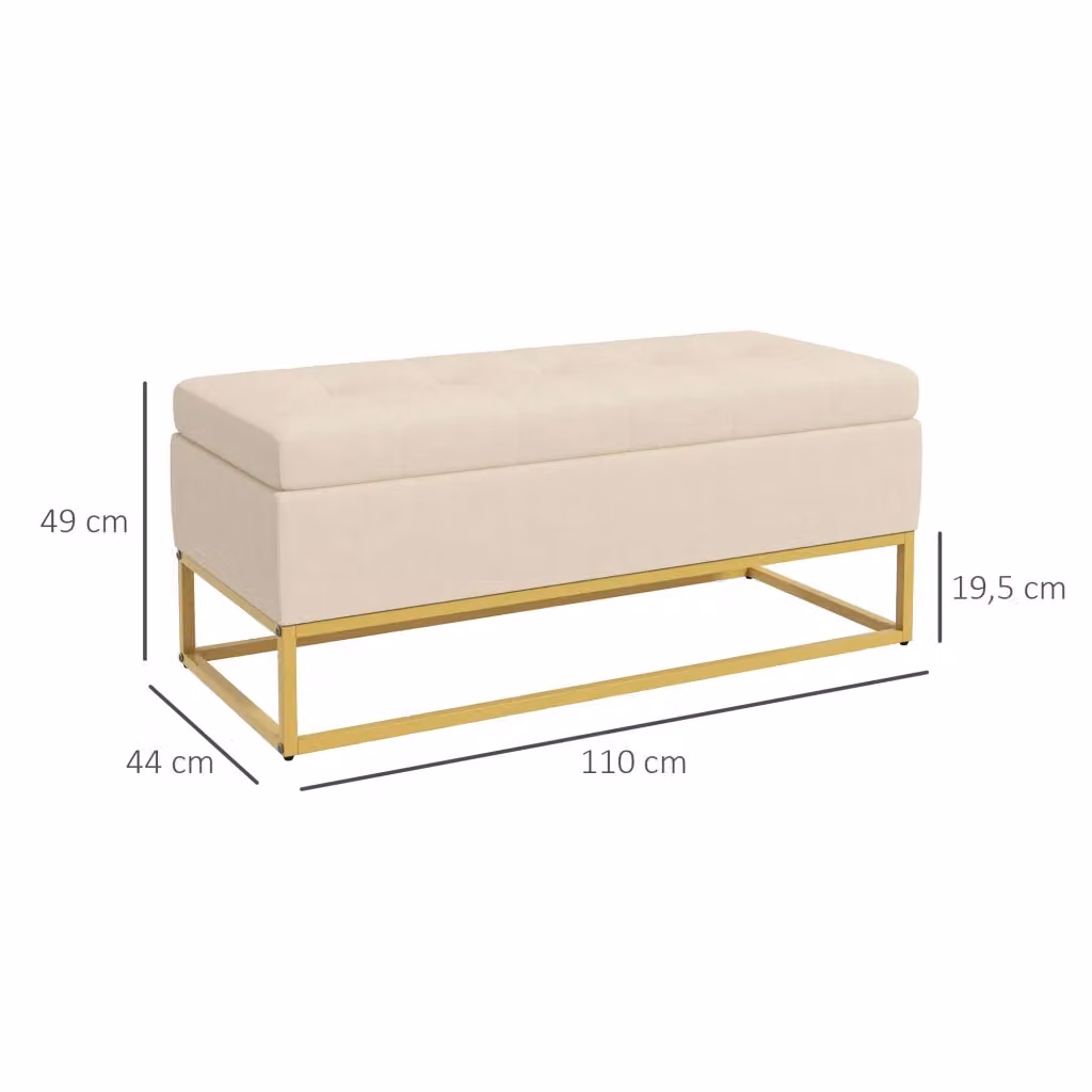 Panca contenitore imbottita WISHDOR beige con gambe in metallo oro, L: 110 cm, P: 44 cm, H: 49 cm – 2