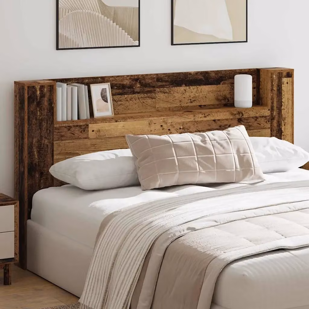 Testiera per letto in legno multistrato effetto legno vecchio marrone con illuminazione integrata e mensola, L 180 x P 17 x H 104,5 cm – 2