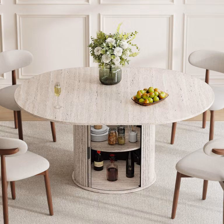 Tavolo allungabile per 6 persone in legno, con spazio contenitivo integrato, piano ribaltabile e gamba dal design moderno, colore bianco pietra