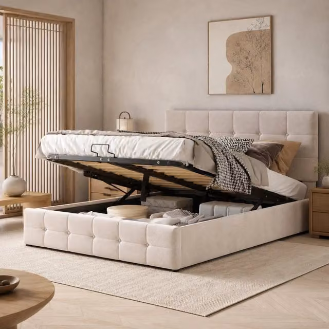 Letto imbottito contenitore 203 × 140 × 106 cm con sollevamento idraulico rete a doghe in velluto crema bianco
