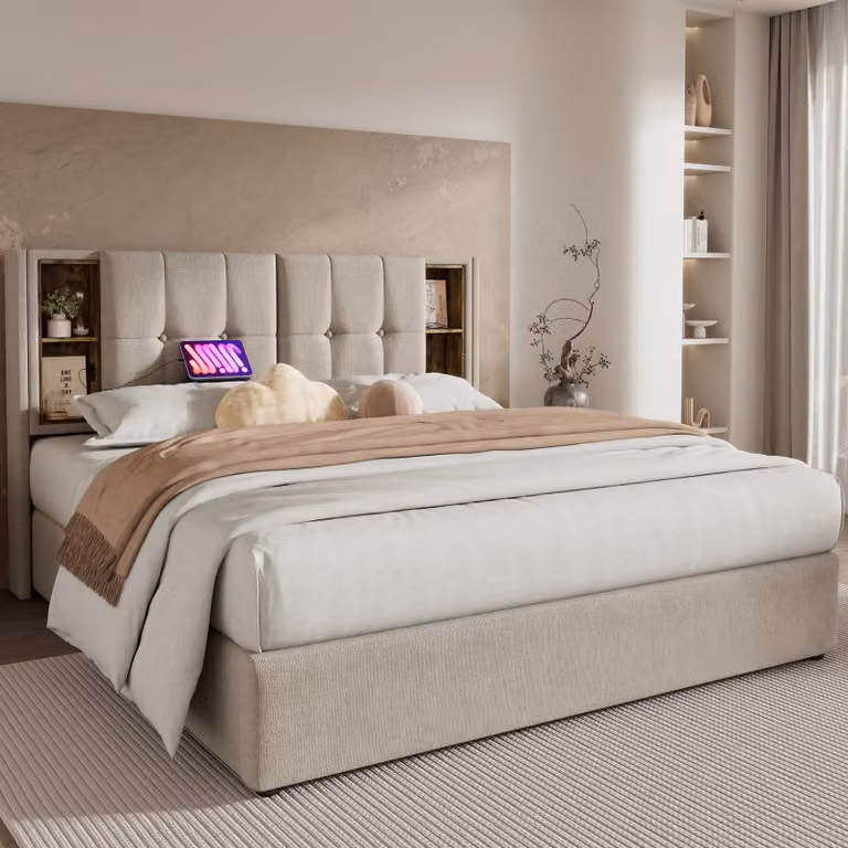 Letto imbottito STILVORA 180x200 cm con contenitore, presa di ricarica USB e illuminazione a LED; letto matrimoniale con contenitore, finitura naturale (senza materasso)