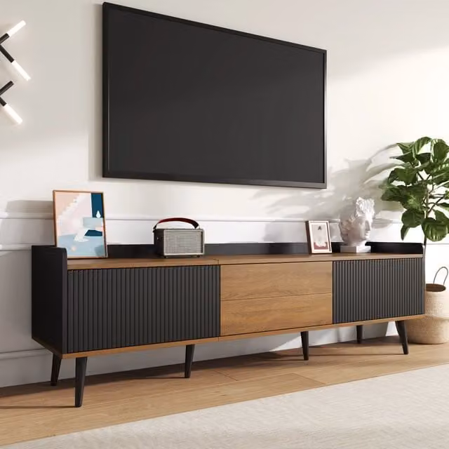 Mobile TV MINIMAL a 3 ante in MDF Nero e Legno Naturale L/P/H: 160 x 39 x 49,5 cm