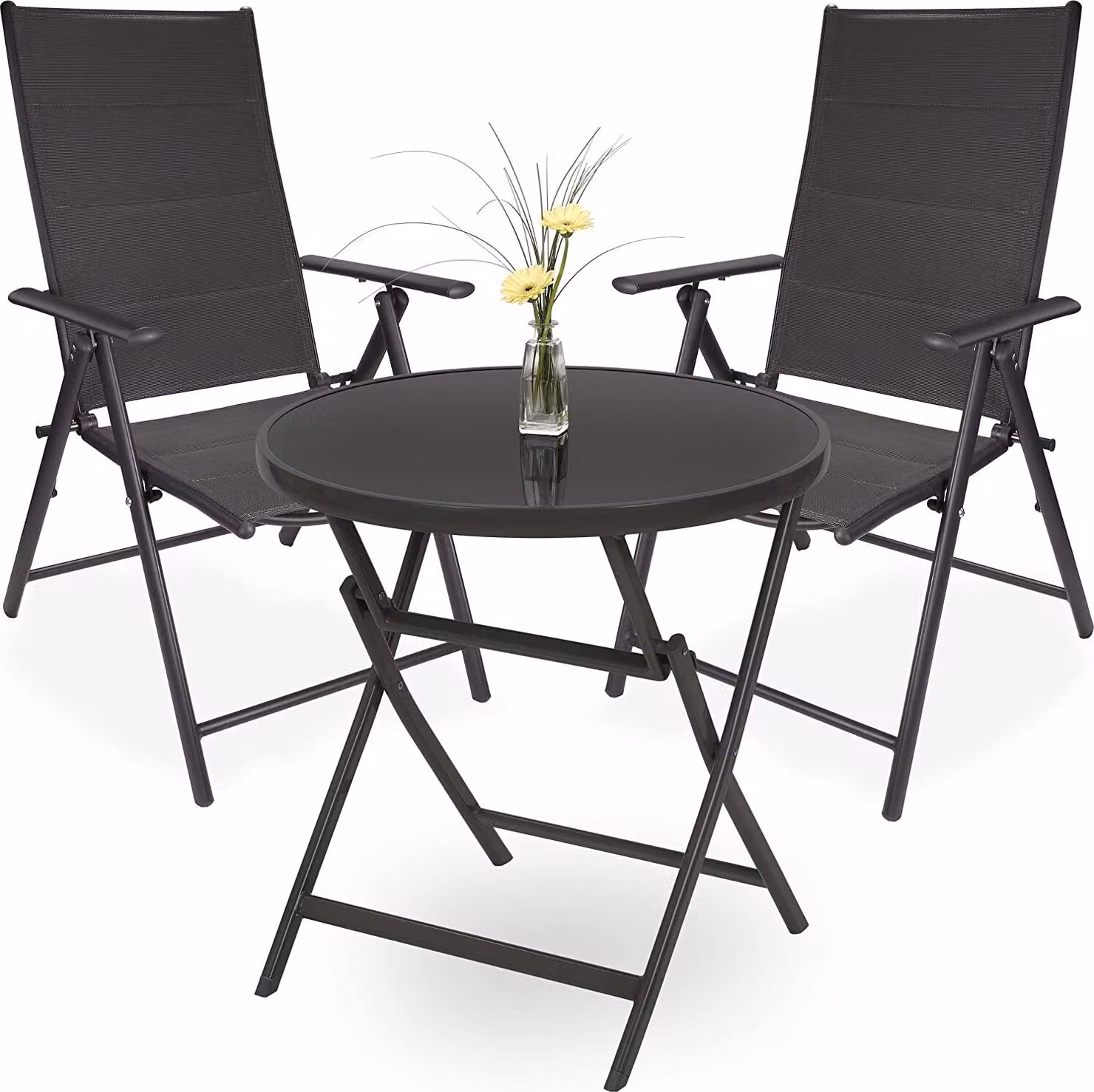 Set da giardino Brubaker Riva - 1 tavolo rotondo pieghevole in vetro da 70 cm di diametro con 2 sedie a schienale alto - Resistente alle intemperie - Antracite