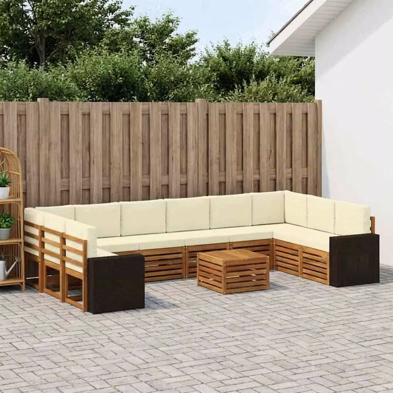 vidaXL Set di divani da esterno a L composto da 11 pezzi in legno di acacia con cuscini beige e bianchi