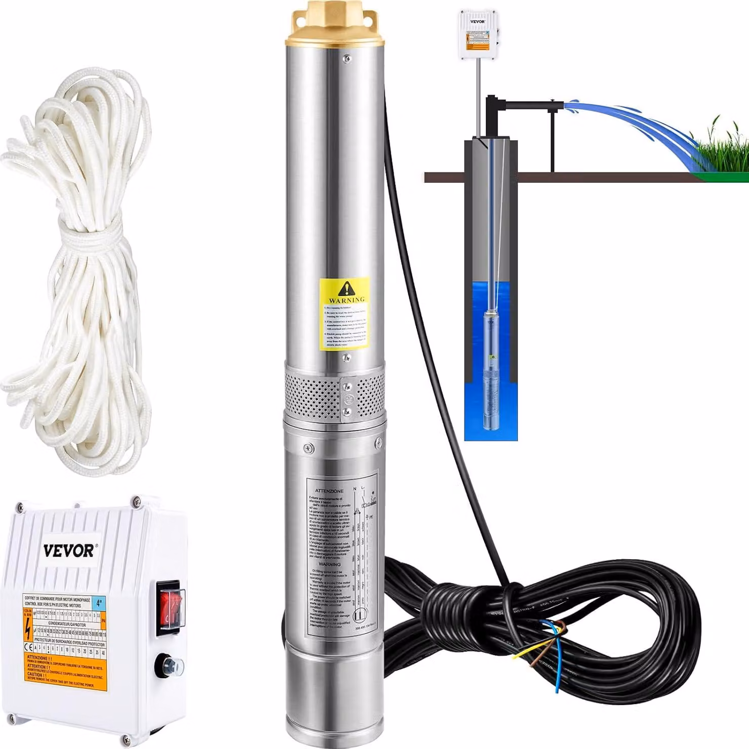 Pompa sommergibile profonda – Pompa immersione – Pompa tubolare – Potenza: 1100 W – Portata massima: 57 metri