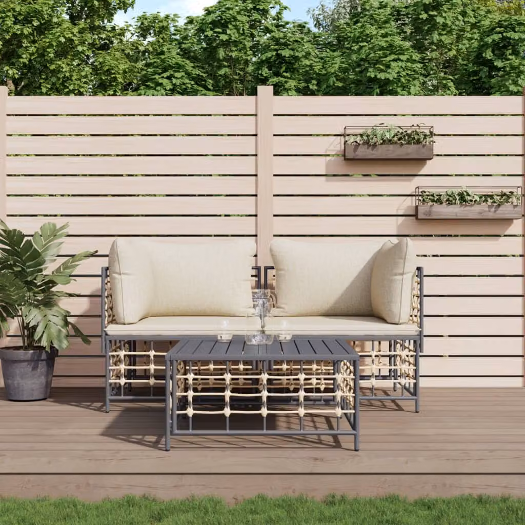 Set Divani da Giardino vidaXL a Forma di L con Cuscini Antracite e Beige e Tavolino da Esterno in Polyrattan e Acciaio