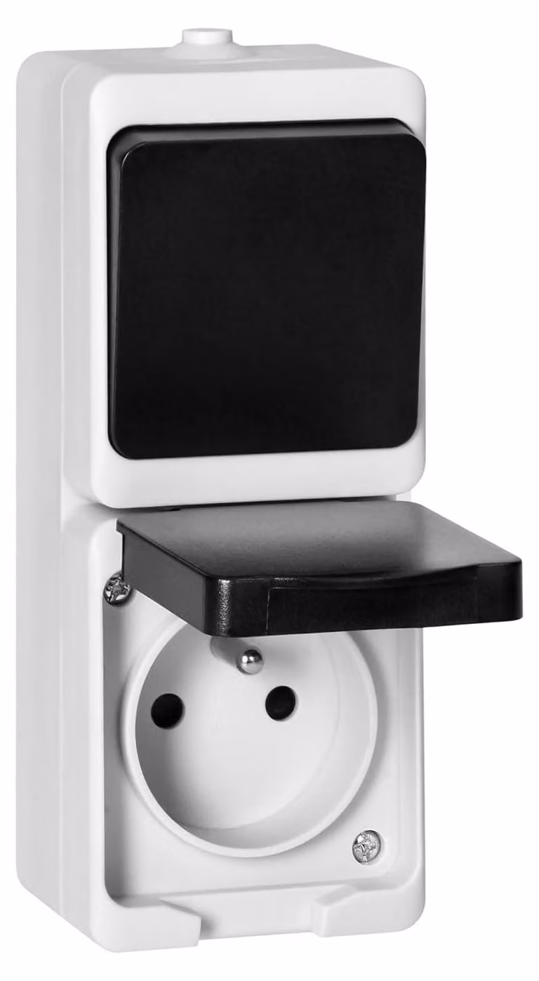 Interruttore unipolare e presa da muro 2P+T, grado di protezione IP54, colore bianco e nero, adatti per ambienti interni e umidi
