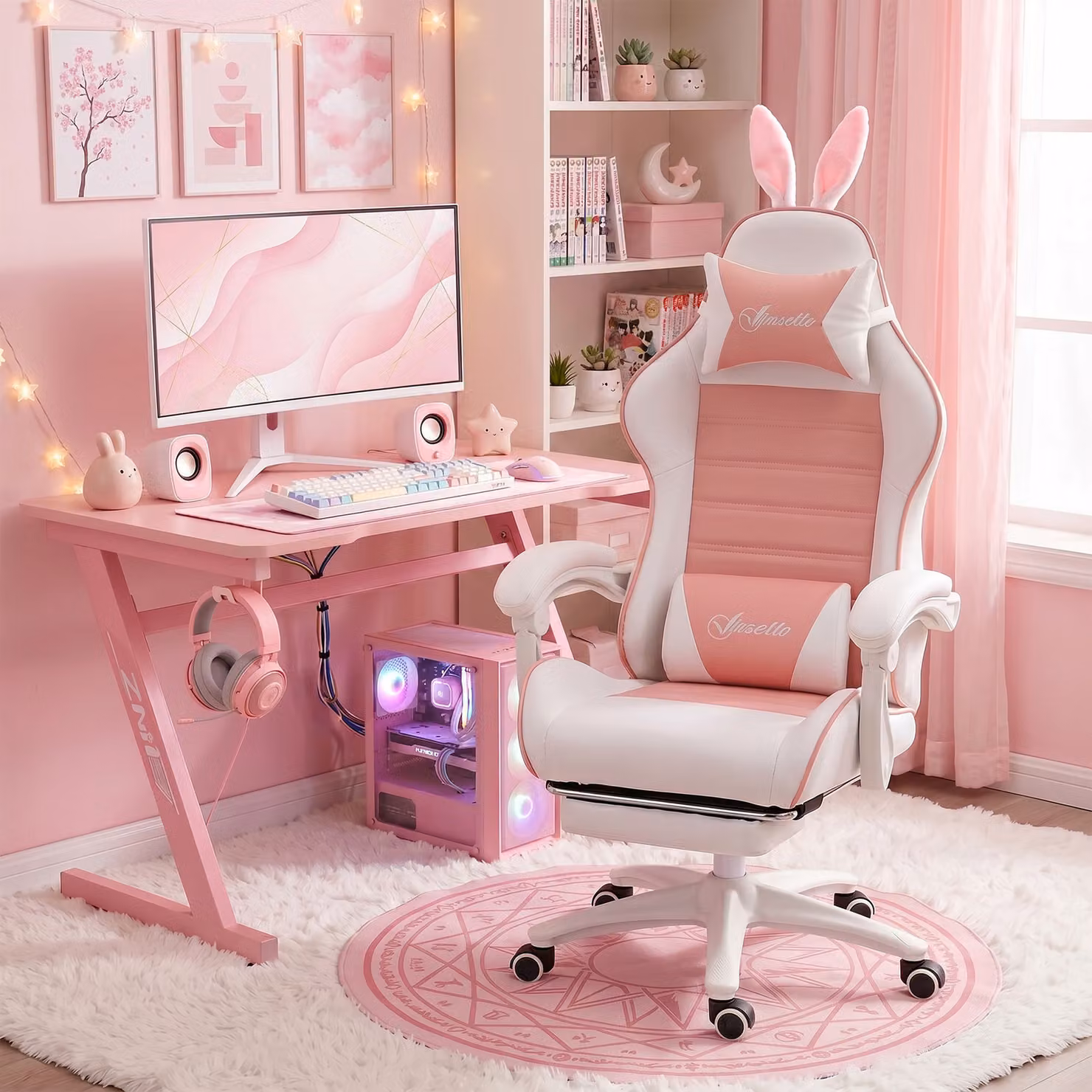 Sedia Gaming Ergonomica Vinsetto Aosom con Orecchie, Poggiapiedi Estraibile, Cuscino Lombare e Poggiatesta, Rosa – 2