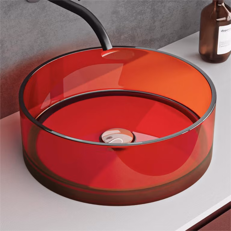 doporro Lavabo da Appoggio Rotondo ?40 cm Lavabo Piccolo per Bagno e WC Ospiti in Resina Trasparente Rossa