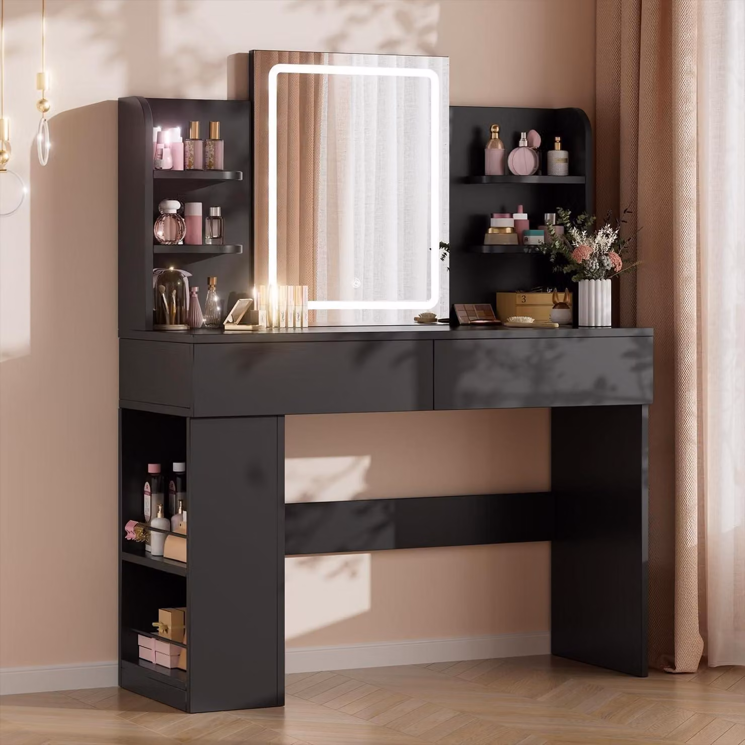 Comò da trucco illuminato, dimensioni 108x40 cm, specchio LED con 3 colori di illuminazione, 2 cassetti, colore nero