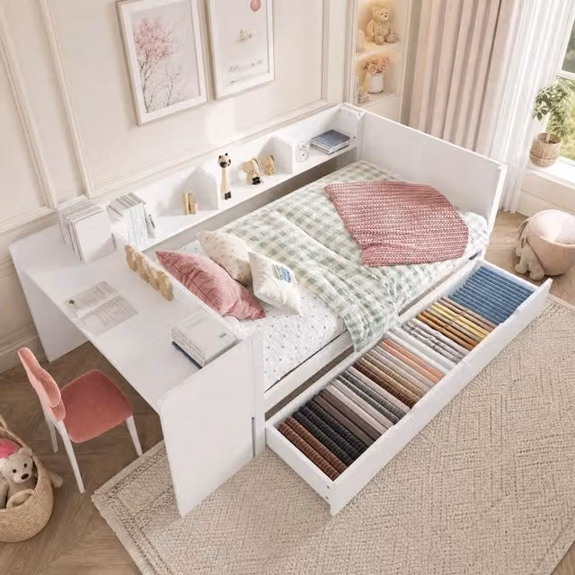 Letto singolo 90 × 200 cm con scrivania due cassetti tre ripiani in legno di pino e pannello truciolare bianco