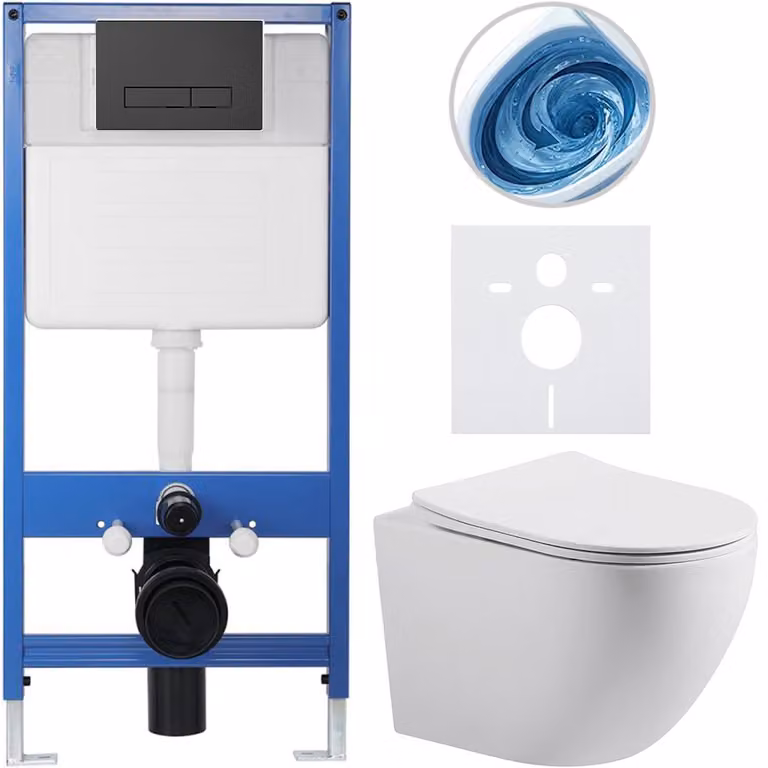 CERANO - Set completo per WC da incasso Lite/Cesso - bianco opaco - pulsante WC Slim, nero opaco - installazione a parete/cartongesso - 49x36 cm