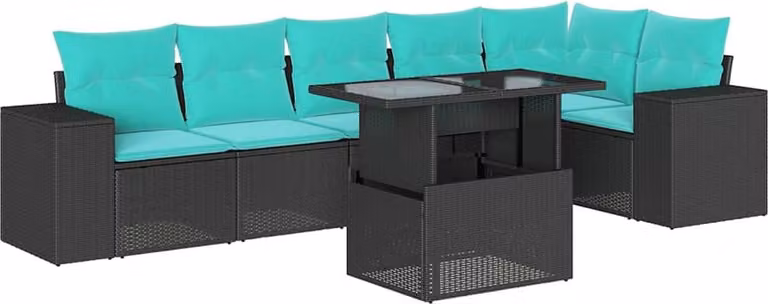 set di divani da giardino 7 pezzi con cuscini, polyrattan nero