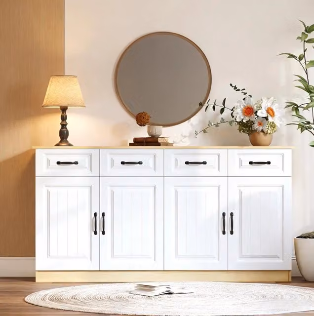 Credenza moderna multifunzione con 4 cassetti e 4 ante in MDF, bianco e nero