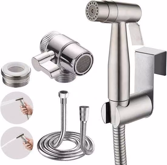 Allecto è stato rimosso e tradotto: RVS Doccetta bidet a doppia funzione - con chiusura a rotazione e tubo flessibile da 150 cm - montaggio su vasca o a parete