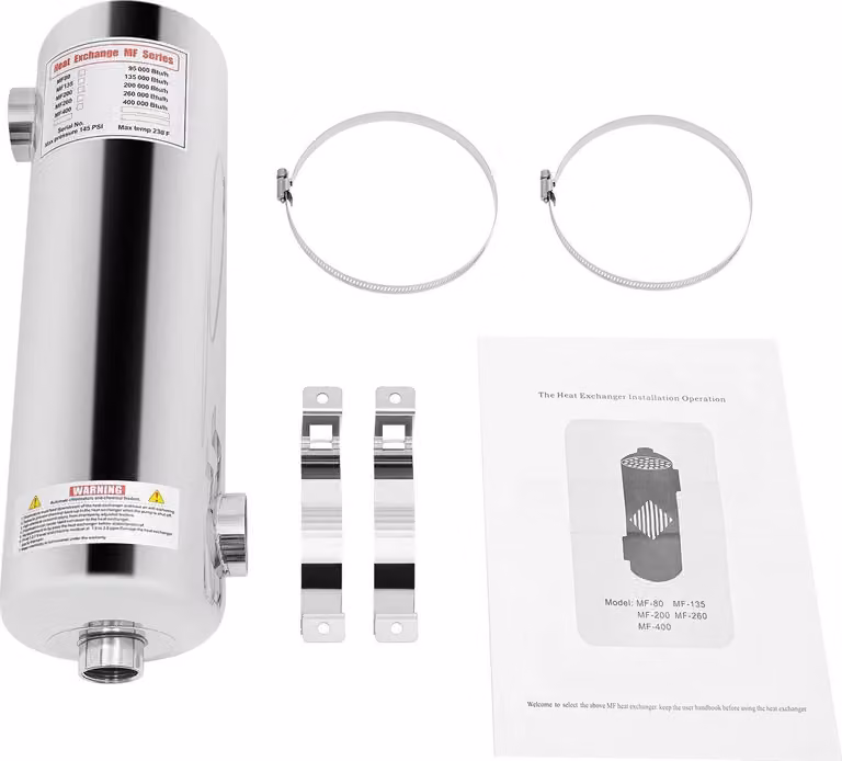 Scambiatore di calore per piscina, 60 kW acciaio inox 304, 200 kBtu/h, circolazione termostatata, argento