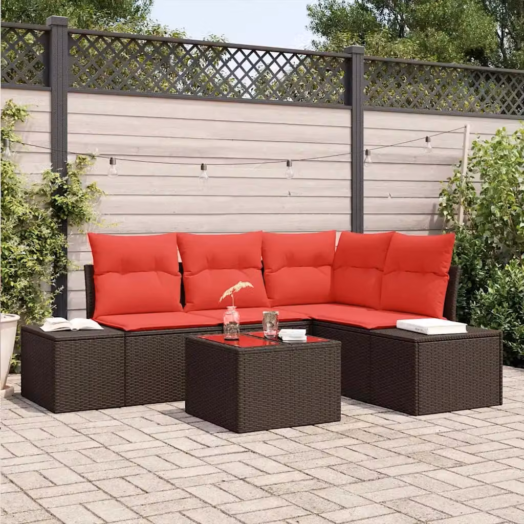 Set Divano da Giardino a L con Tavolino vidaXL in Polyrattan Marrone e Rosso con Cuscini