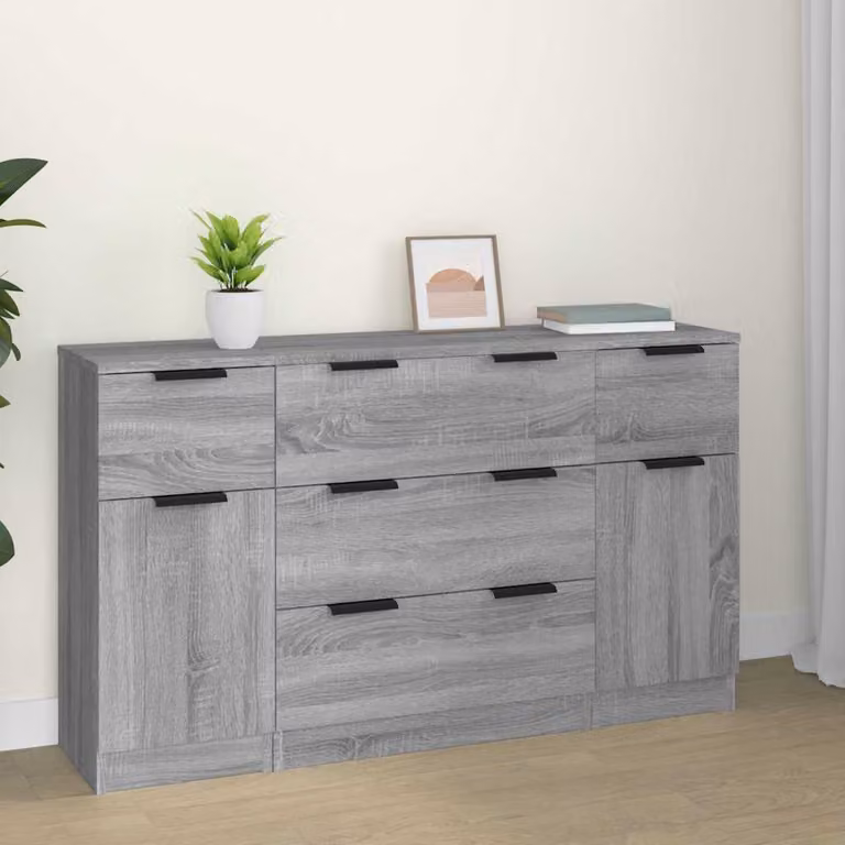 Set di 3 Credenze Moderno vidaXL in Legno Multistrato Grigio per Soggiorno e Sala da Pranzo