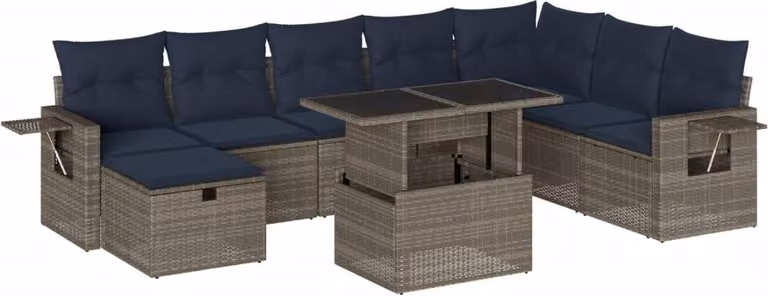 Set Divani da Giardino 9 pz con Cuscini Grigio in Polyrattan