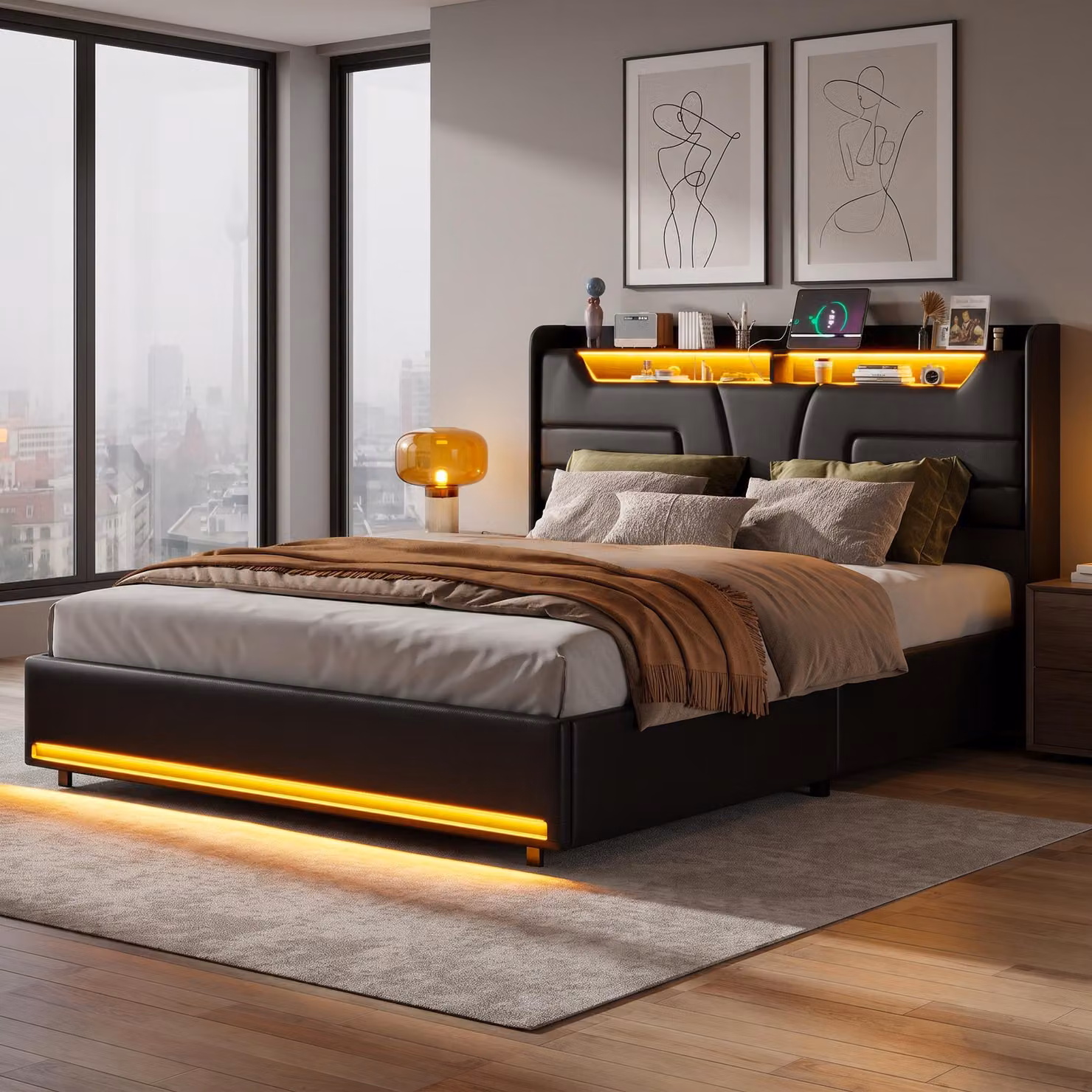 Letto imbottito INONEFT, 140x190 cm, con spazio contenitore, letto per ragazzi/matrimoniale con porta USB e LED, letto con sistema di sollevamento idraulico e spazio contenitore, rete a listelli, rivestimento in PU, colore nero