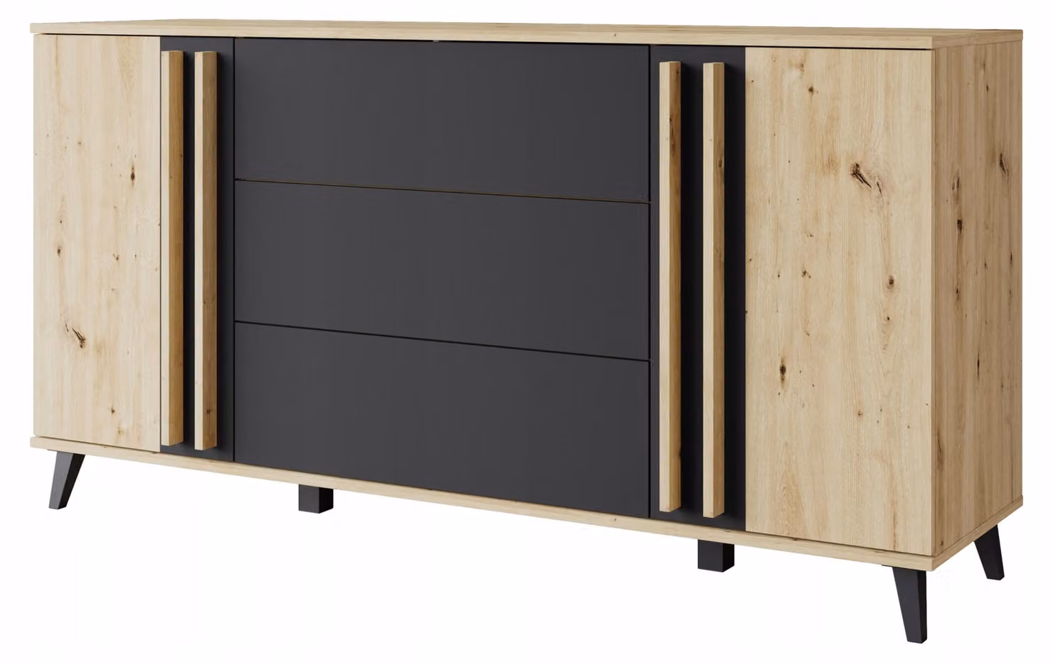 Comò moderno, 150 cm di larghezza, con 3 cassetti e 2 ante, finitura artigianale/nero opaco