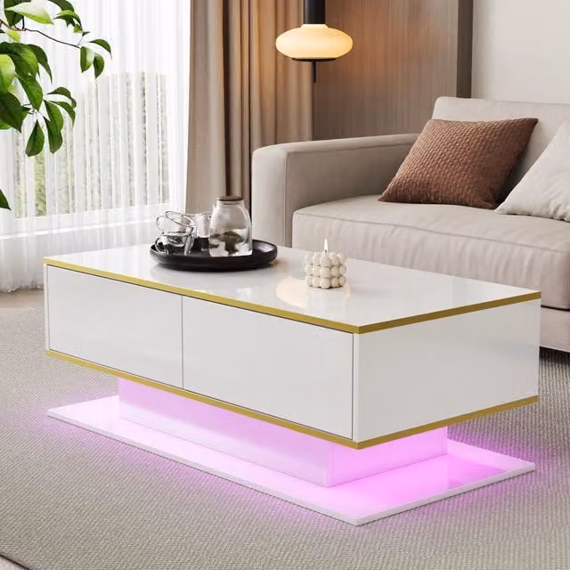 Tavolino basso moderno MIVRAY con LED regolabile, 3 cassetti e vano aperto, finitura lucida bianco e oro, L: 100 cm, P: 50 cm, H: 40 cm