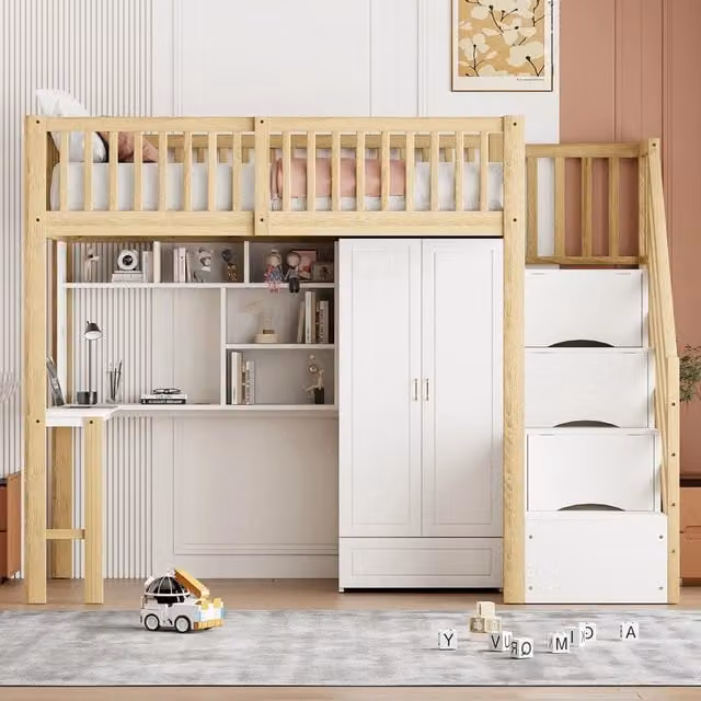 Letto a soppalco 90x200 con armadio grande e scrivania in legno massello colore legno naturale e bianco