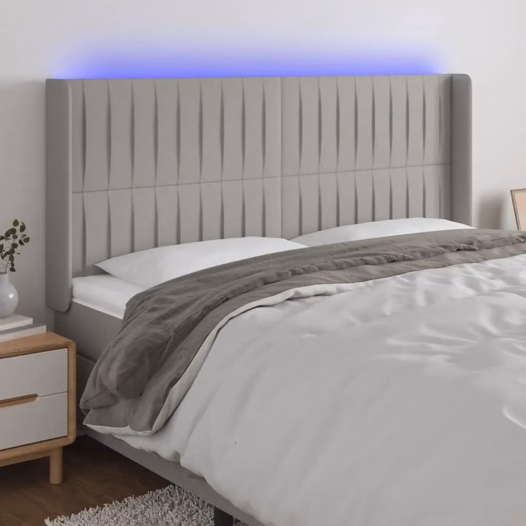 Testata del letto con illuminazione LED e porta USB in tessuto grigio chiaro, L: 203 cm, P: 16 cm, H: 118/128 cm – 2