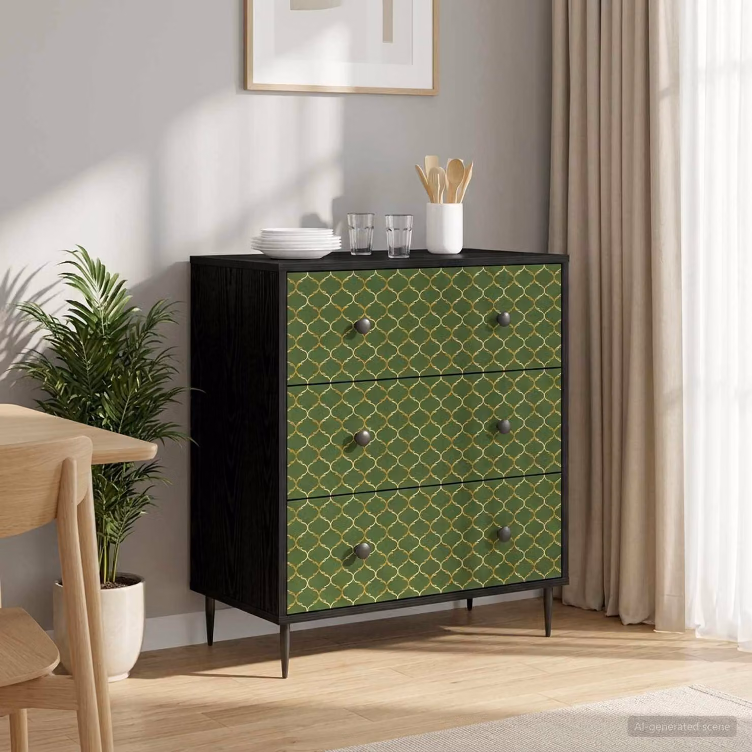 Cassettiera vidaXL GELEEN con stampa geometrica verde e nera, L: 66 cm, P: 36,5 cm, H: 76 cm