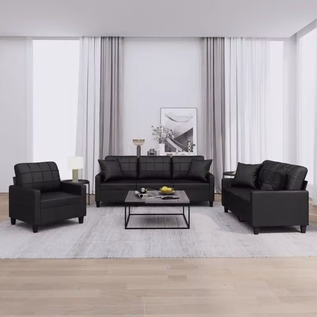 vidaXL Set di Divani 3 Pezzi Moderni in Similpelle Nera con Cuscini per Soggiorno – 1