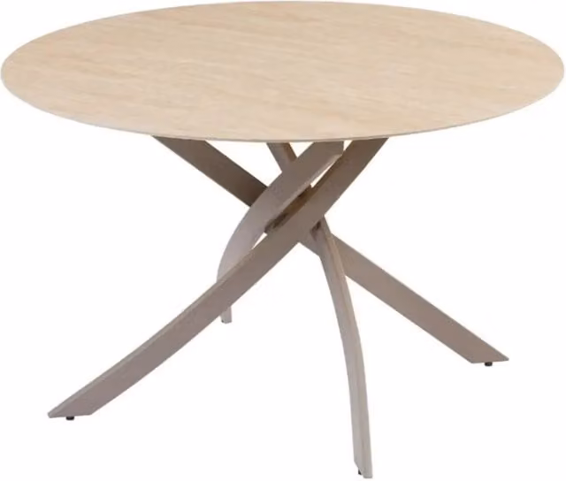 Tavolo da pranzo rotondo ARAVIS 120 cm - Ceramica beige effetto pietra e gambe design marrone