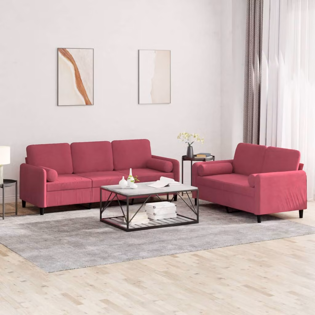 Set di 2 Divani vidaXL in Velluto Rosso con Cuscini per Soggiorno Moderno – 1