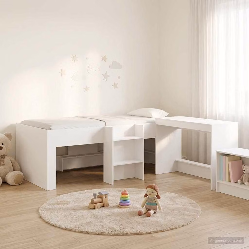 Letto a soppalco esclusivo con scrivania per bambini, confezione da 2 pezzi, bianco, realizzato in legno composito