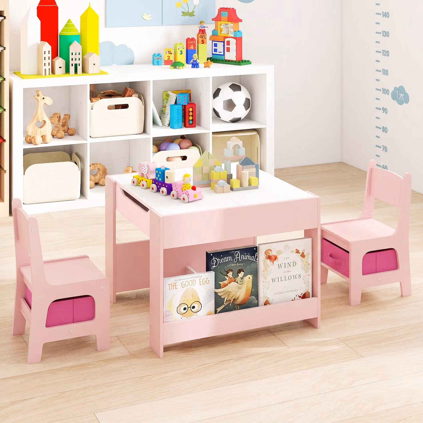 Costway Set tavolo attività in legno con piano doppia faccia e librerie laterali, Set tavolo mobili salvaspazio per disegnare Rosa