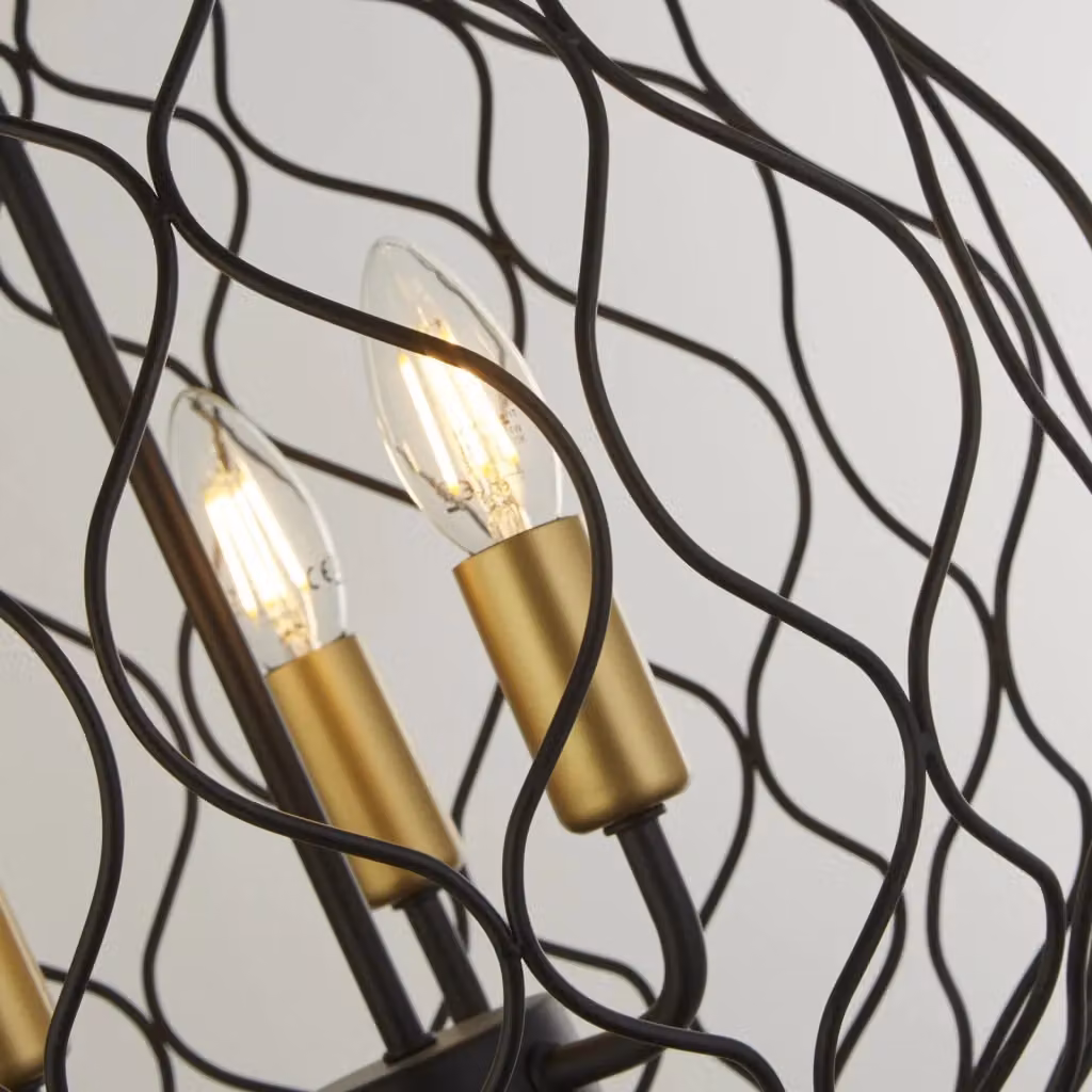 Lampadario a sospensione Searchlight in stile industrial-nordico con 3 luci E14 in metallo nero e oro – 2