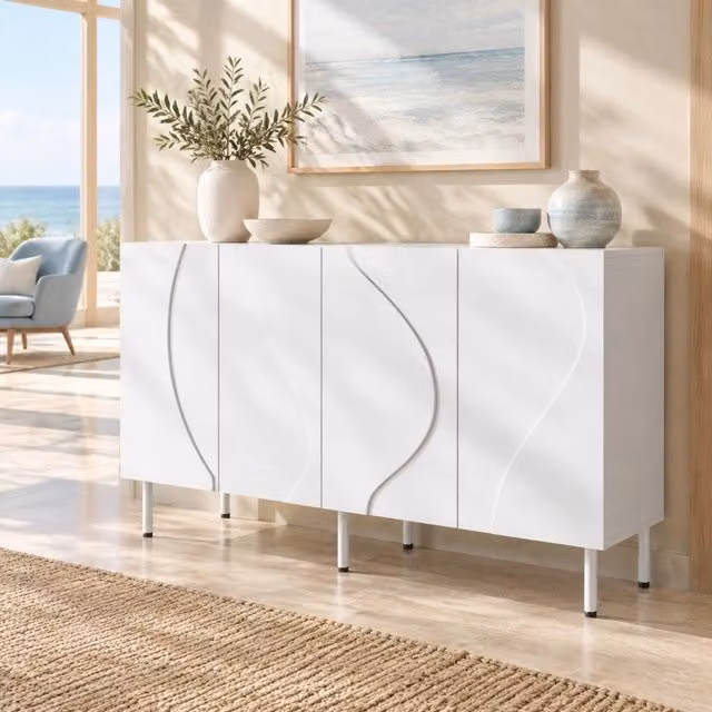 Credenza ULEVR 140x40x77,5 cm con 4 ante curve 3D e apertura push-to-open, bianca