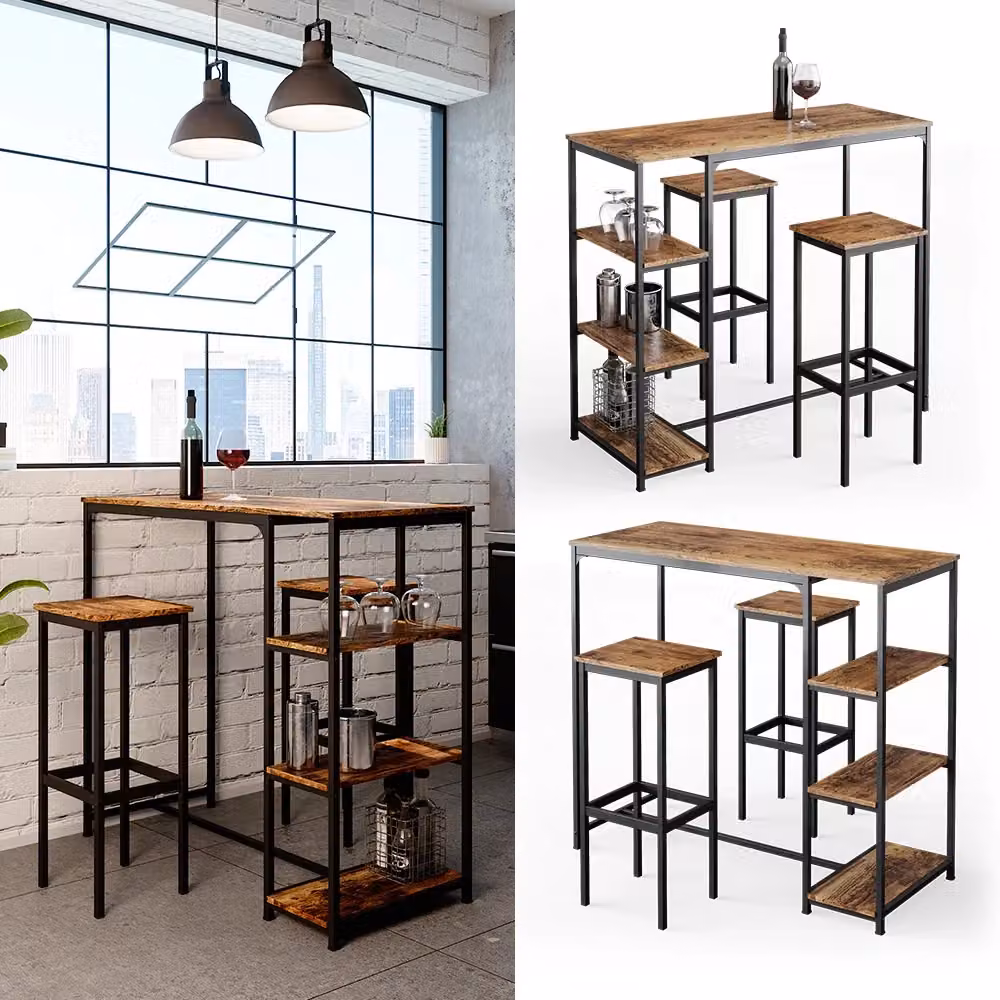 Set Tavolo Bar con 2 Sgabelli Vicco Fyrk in Legno Antico Marrone con Ripiani L: 120 cm, P: 50 cm, H: 105 cm – 2